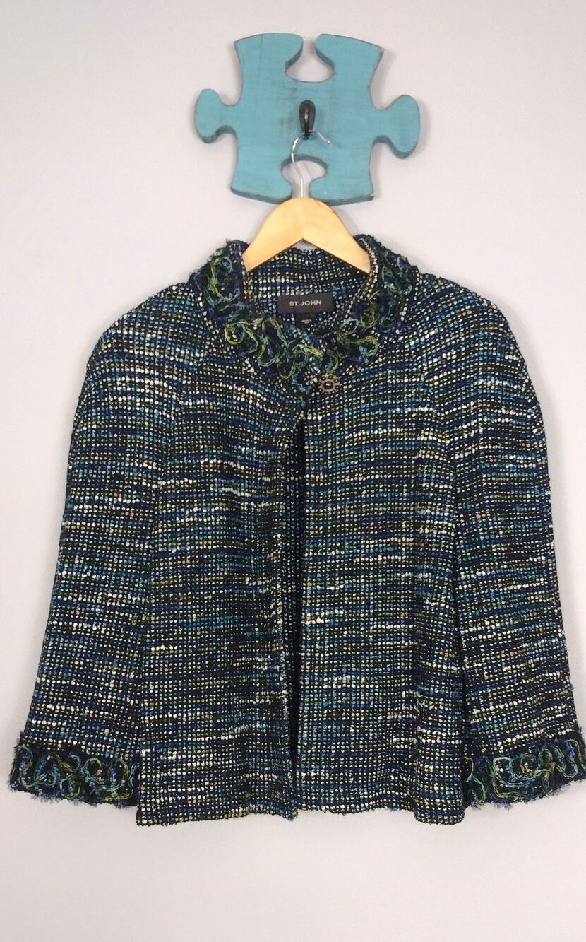 St. John Marie Gray Blue Green Boucle Fringe Ribbon Jacket M 6 8